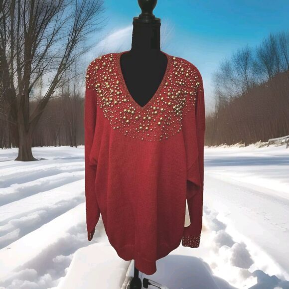 NWT Vintage Victoria Women’s Size 3XL Sweater Beading Knit Red Holiday - Picture 1 of 11